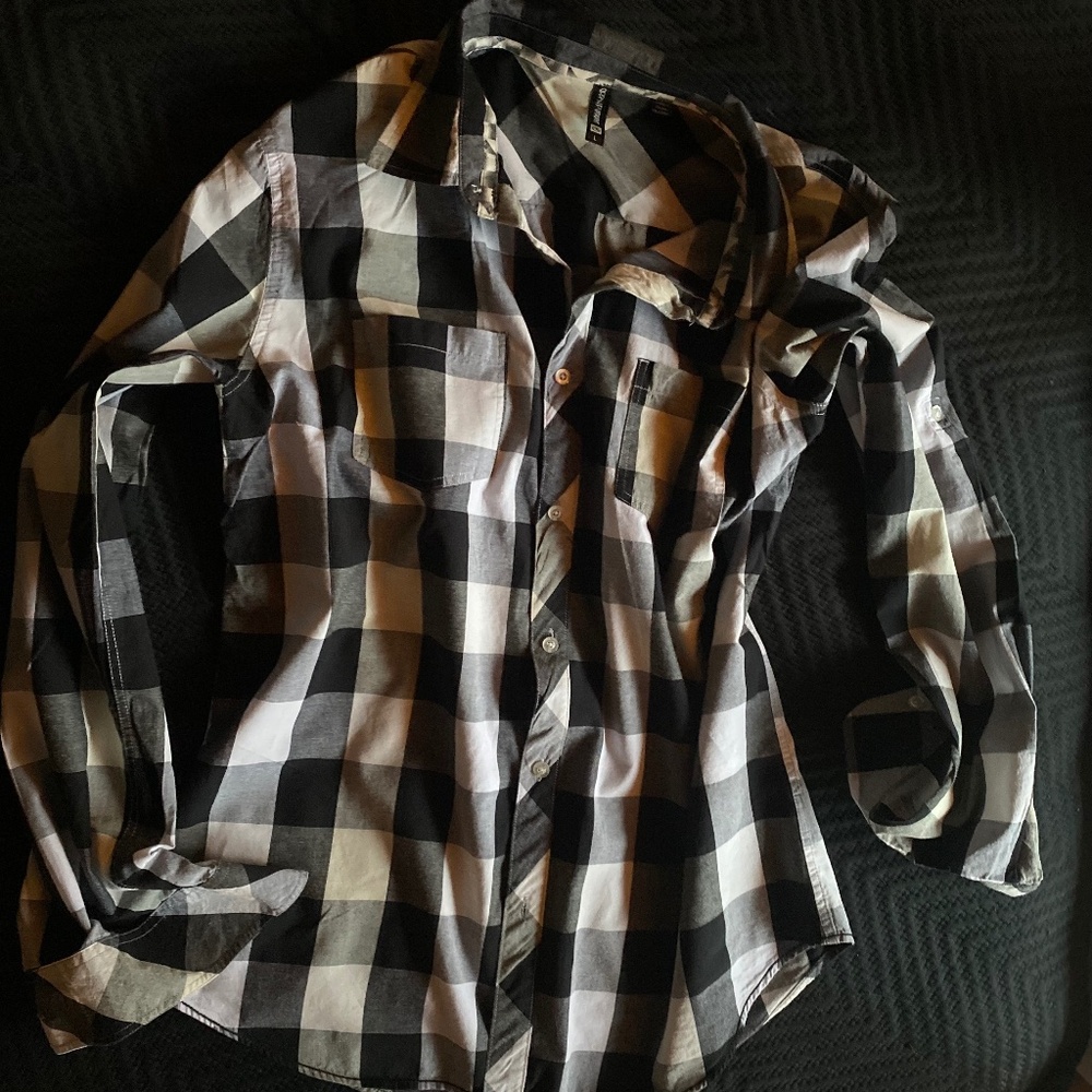 Y2K Grunge Surfer Ocean Current Button Up Cotton Shirt Black White Mens Large